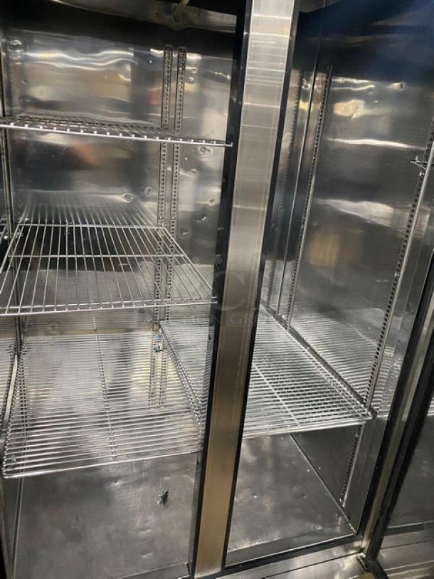 Turbo Air TSR35SD commercial stainless steel 2-door refrigerator interior, featuring wired racks and digital controls.