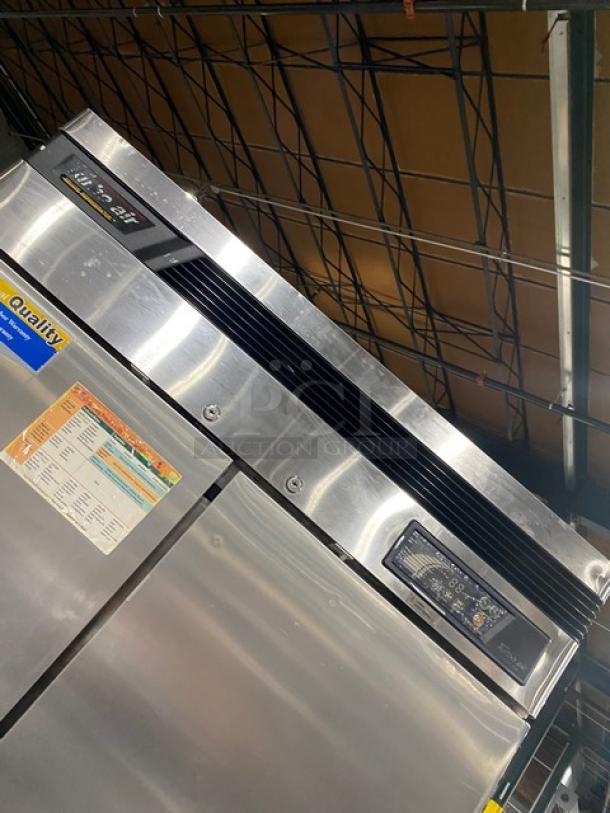 Turbo Air TSR35SD stainless steel 2-door refrigerator with digital controls, wired racks, and casters; Model: TSR-35SD.