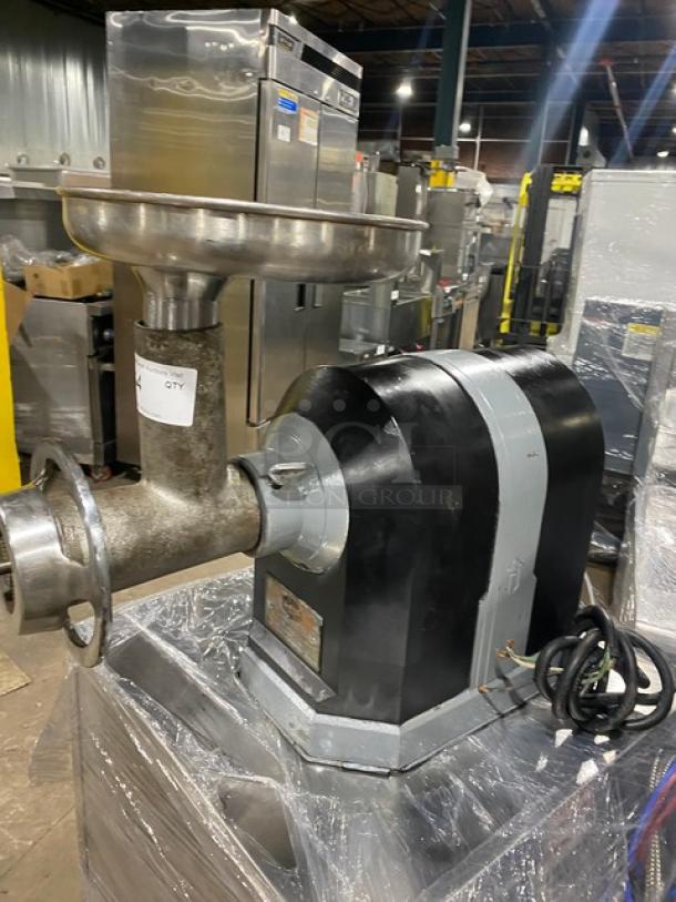 Hobart Model 4722 Black Electric Meat Grinder with Stainless Steel Feed Pan, SN: 882100, in used condition.