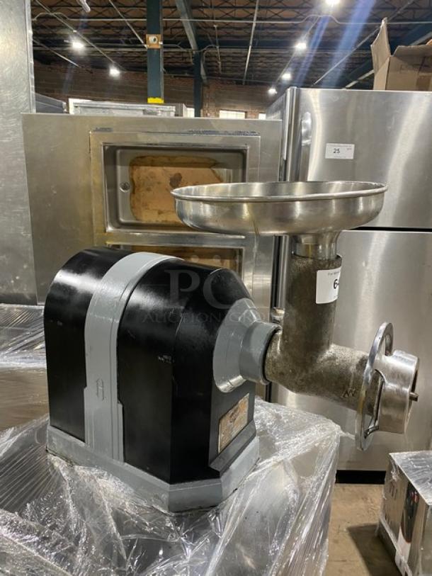 Hobart Commercial 4722 Black Electric Meat Grinder with stainless steel feed pan, in used condition, SN: 882100.