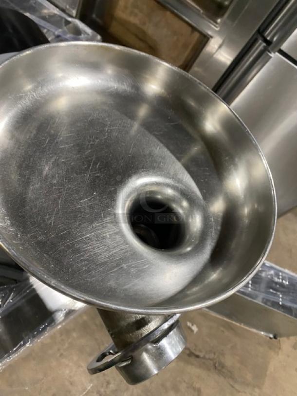 Hobart 4722 commercial meat grinder with stainless steel round feed pan. Black electric countertop model, good condition.