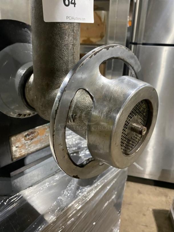 Hobart 4722 electric meat grinder with stainless steel feed pan, shown in used condition. Features round feed and serial number 882100 visible.