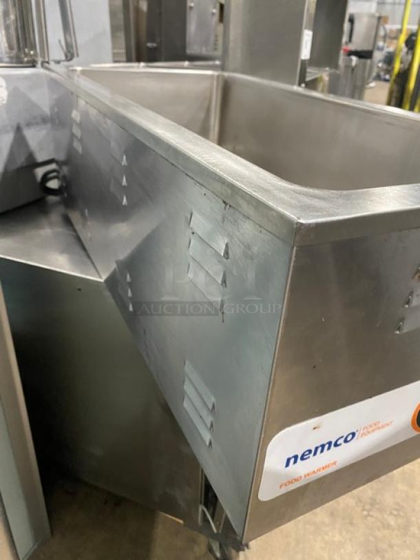 Nemco 6055A-43 stainless steel electric countertop single well food warmer, 120V. Features visible label and robust design.