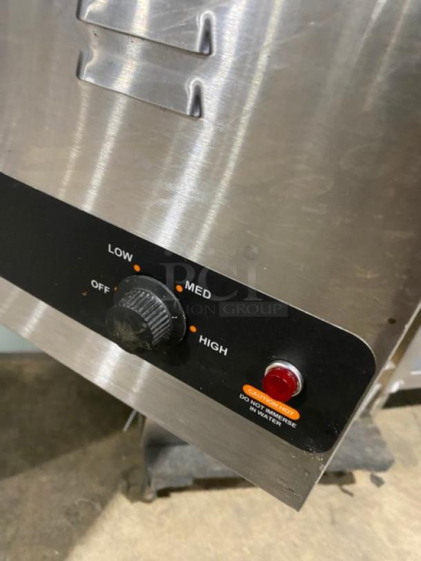 Nemco Model 6055A43 stainless steel food warmer, single well, electric, 120V, with temperature control knob, good condition.