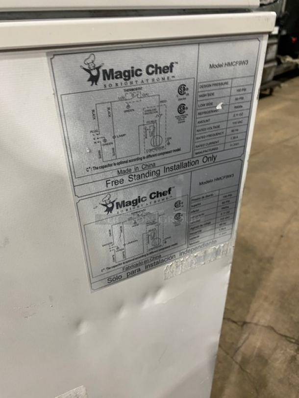 Magic Chef HMCF9W3 chest freezer, 2021 model, white, manual defrost, commercial-grade, 115V, good condition, installation label visible.