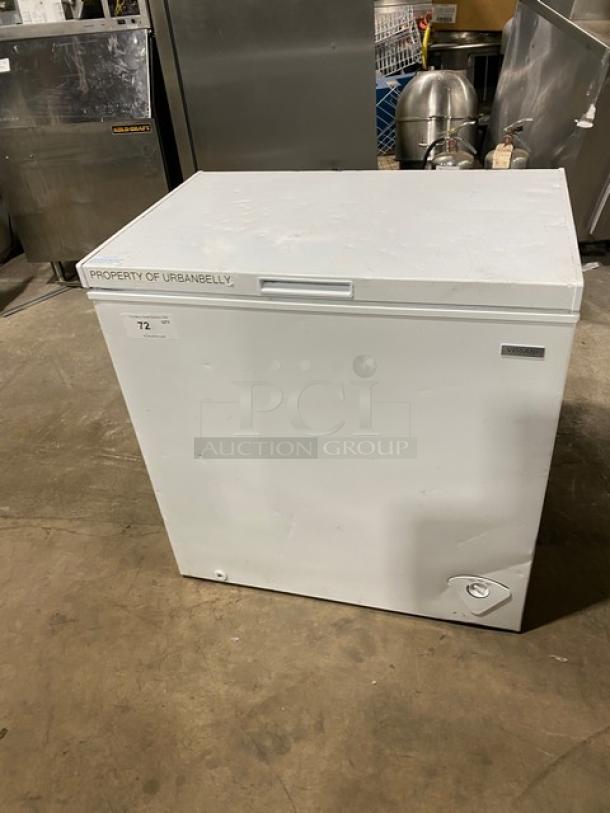 Vissani MDCF7WH white manual-defrost chest freezer, 115V, used condition. Label reads "Property of Urbanbelly".