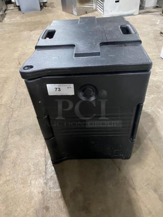 Cambro Ultra Series black front-loading insulated food pan carrier in used condition. Tag: "73 QTY."
