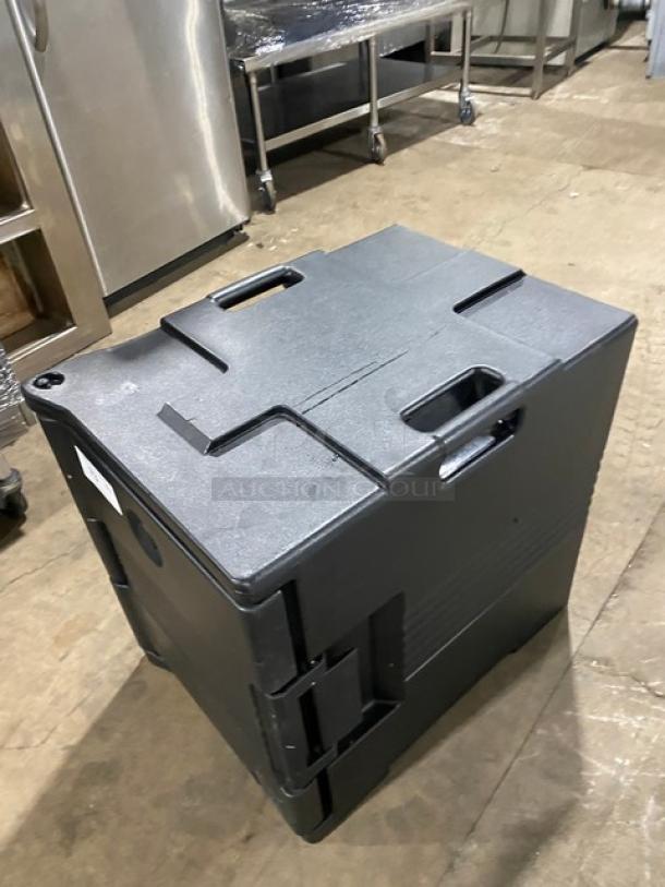 Cambro Ultra Series black insulated food pan carrier, front-loading, commercial-grade, sturdy handles, excellent condition.