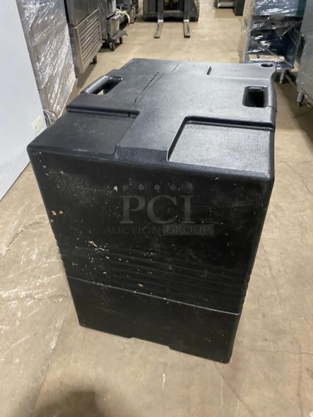 Cambro Ultra Series black insulated food pan carrier, front-loading, commercial use, sturdy, minor surface wear.