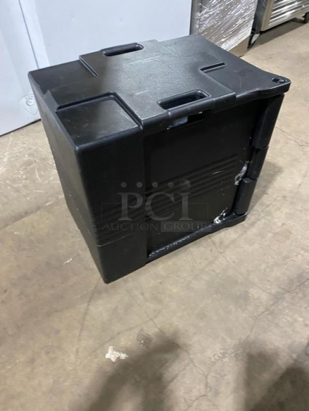 Cambro Ultra Series black insulated food pan carrier, front-loading, commercial use, durable condition.