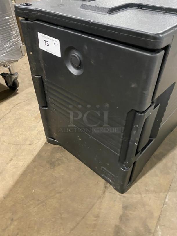 Cambro Ultra Series black front-loading insulated food pan carrier, commercial-grade, visible tag "73." Good condition.
