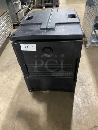 Cambro Ultra Series black front-loading insulated food pan carrier, commercial grade, durable, tag showing quantity as 74.