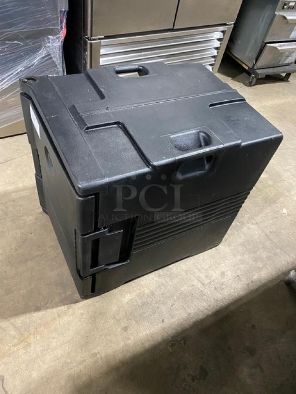 Cambro Ultra Series black insulated food pan carrier, front-loading, durable plastic, commercial-grade, excellent condition.