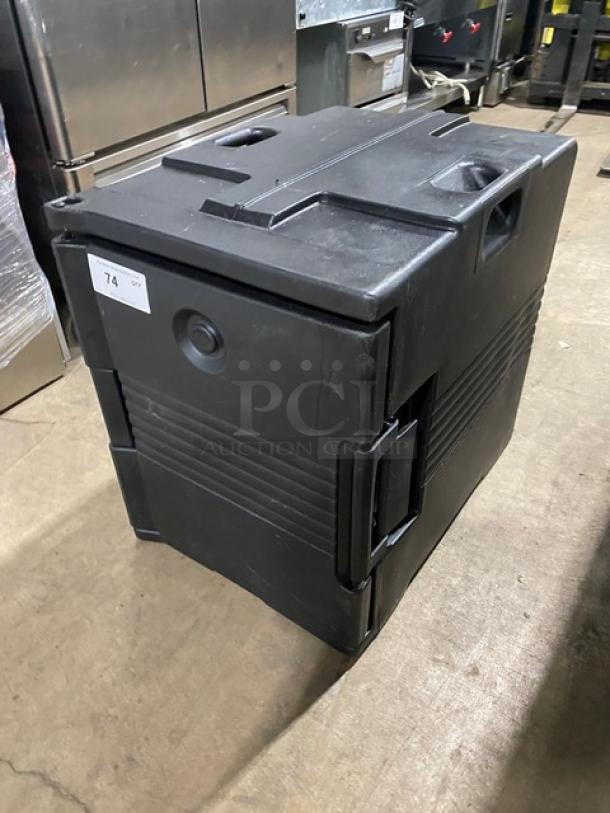 Cambro Ultra Series black front-loading insulated food pan carrier, commercial grade, sturdy handles, in good condition.