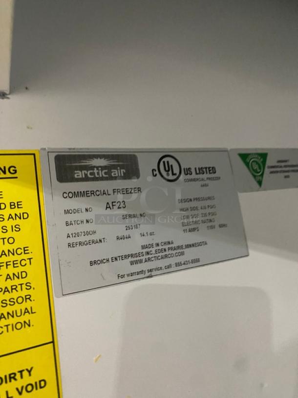 Artic Air commercial freezer model AF23 label, showing UL listing, serial number 253187, and 115V power specifications.