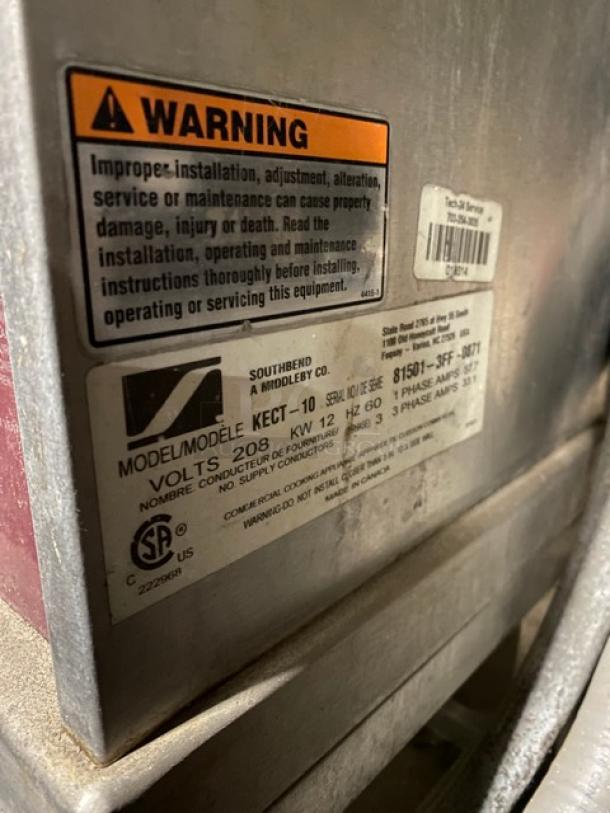Label of Southbend KECT-10 10-Gal. Jacketed Steam Kettle; model details, serial number 81501-3FF-0871, 208V, 1 Phase.