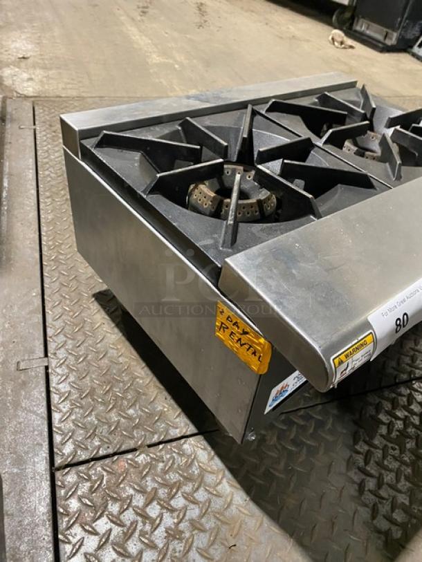 APW Wyott GHPW-2i Commercial Stainless Steel 2-Burner Hot Plate, Natural Gas, on Legs, Model SN: 051621606001, showing rental tag.
