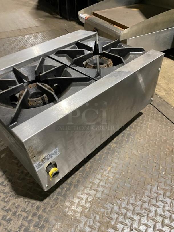APW Wyott Workline Series stainless steel 2-burner hot plate, model GHPW-2i, on legs, natural gas powered, used condition.