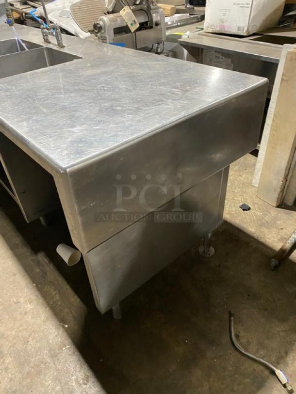 Custom commercial stainless steel double compartment sink with goose neck swivel faucet, enclosed cabinet base, on legs.