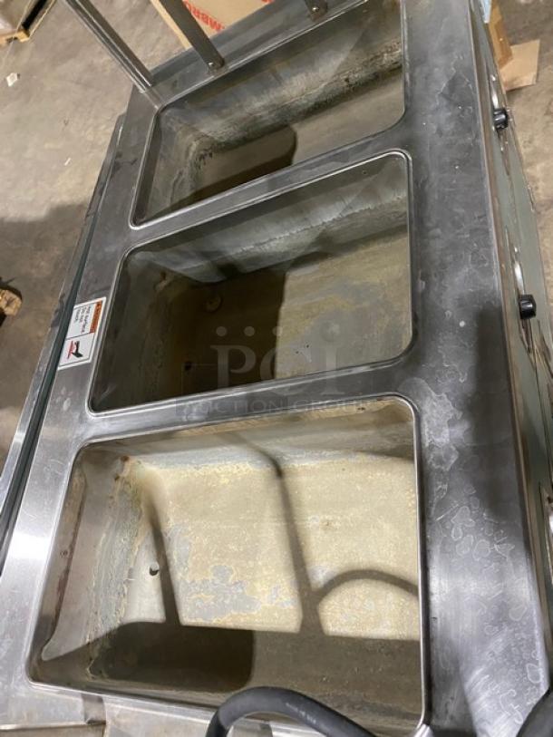 Piper Products stainless steel electric buffet 3-well hot food table, model 3HF, with sneeze guard and tray slide.