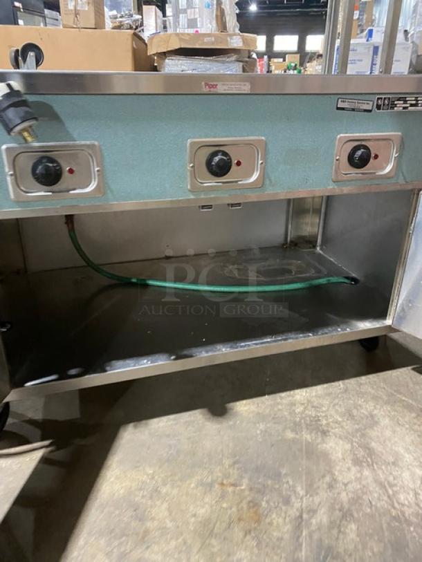 Piper Products 3HF commercial stainless steel 3-well steam table with foldable tray slide, sneeze guard, and overhead awning.