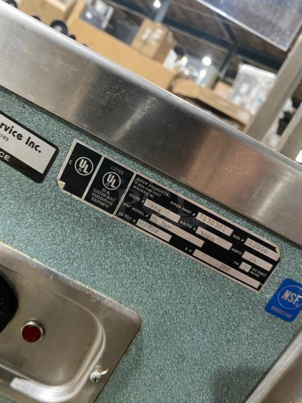 Piper Products Model 3HF label showing UL certification, serial number 12056, 208V 1 Phase, on a stainless steel surface.