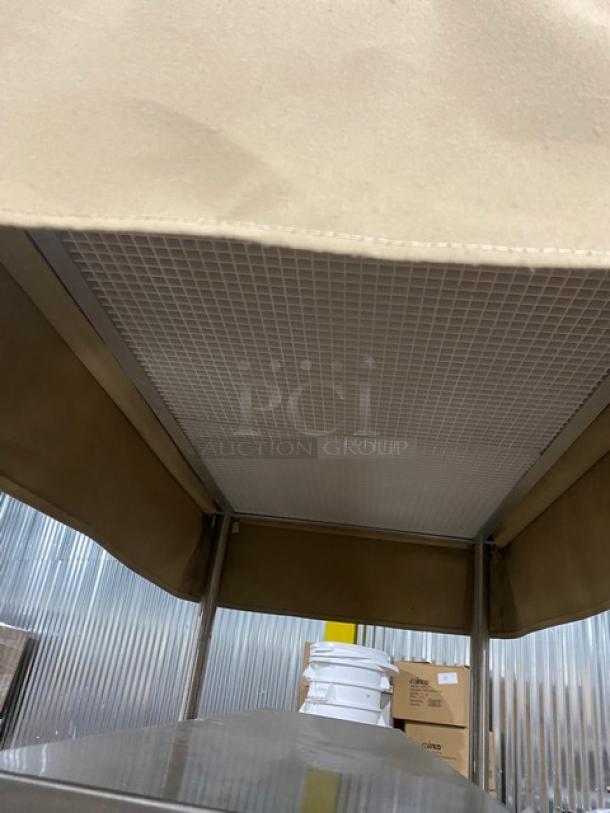 Piper Products stainless steel 3-well hot food table with sneeze guard, tray slide, and "Wildcat Cafe" awning. Model 3HF.