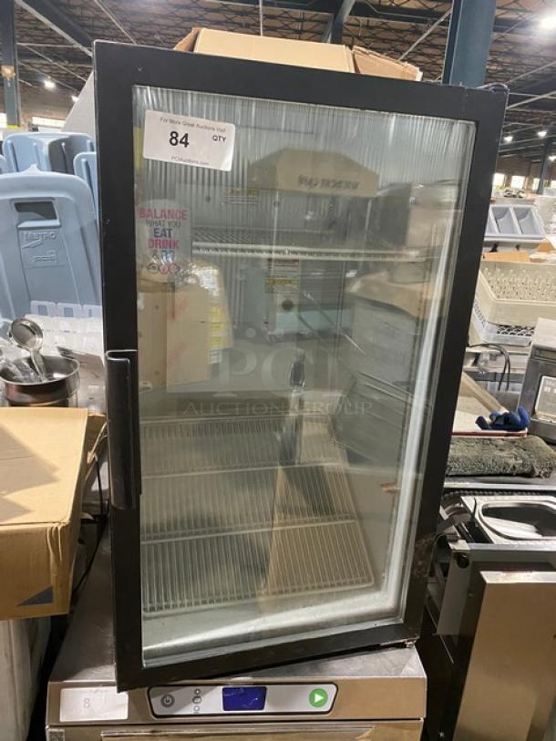 Beverage-Air UR30G commercial black single glass door countertop merchandiser refrigerator, with poly-coated wire racks, 115V.