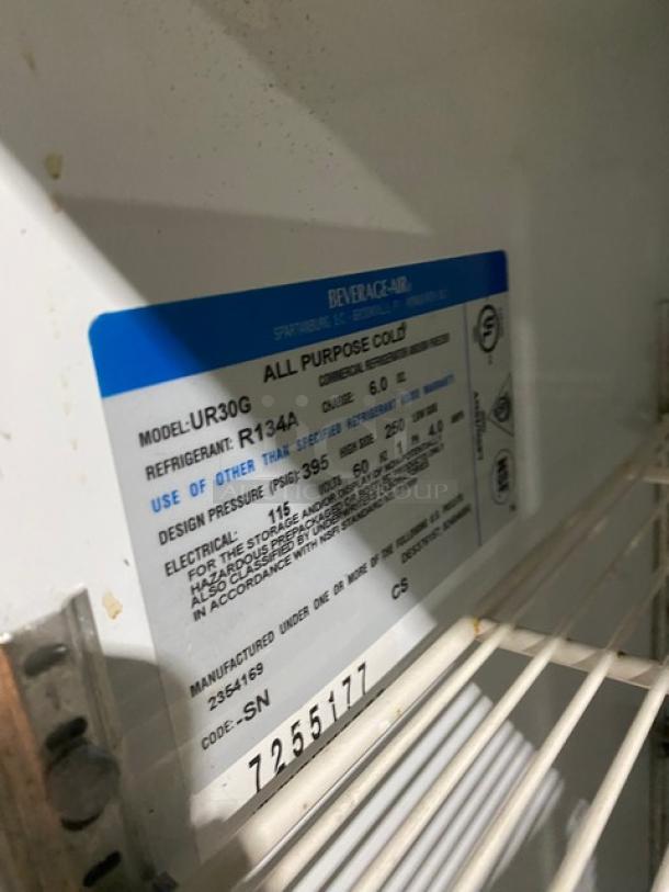 Beverage-Air UR30G commercial refrigerator interior label, detailing model, refrigerant type, and electrical specs.