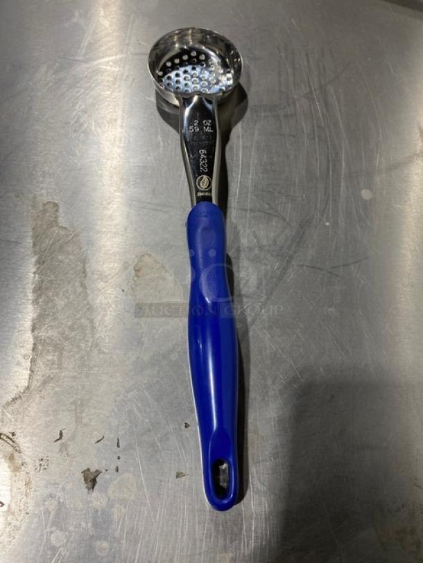 Vollrath 64322 stainless steel perforated portioner spoon, 2 oz capacity, blue grip handle, commercial-grade, new condition.
