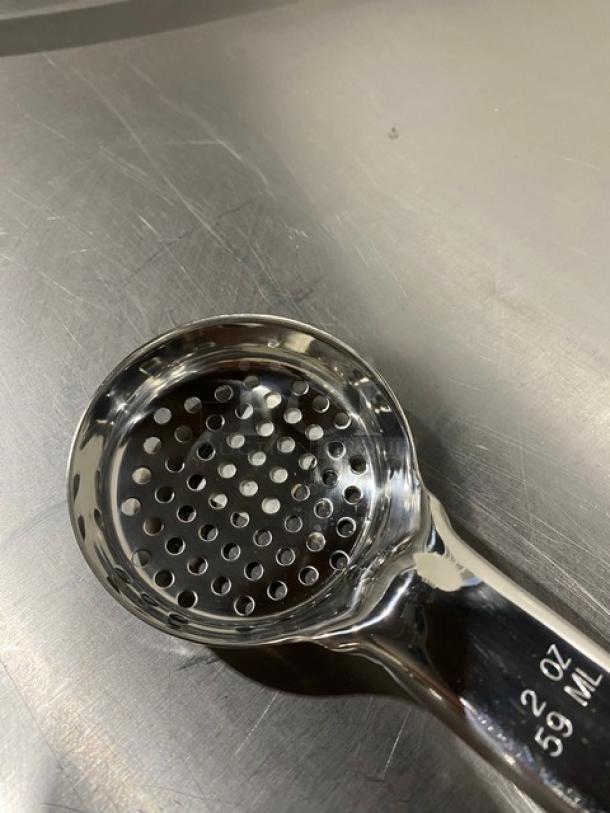 Vollrath Jacobs Pride 2 oz perforated portioner spoon, stainless steel, blue grip handle, Model 64322, excellent condition.