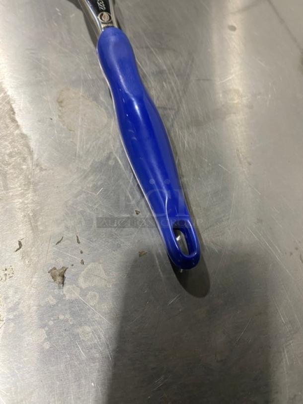 Vollrath Jacobs Pride 2 oz. perforated portioner spoon, model 64322, stainless steel, blue grip handle, new condition.