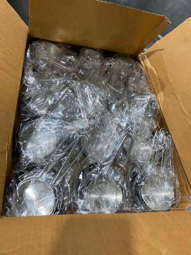 American Metalcraft MCW-4 stainless-steel measuring cup set in box, each wrapped in plastic. Commercial, heavy-duty quality.