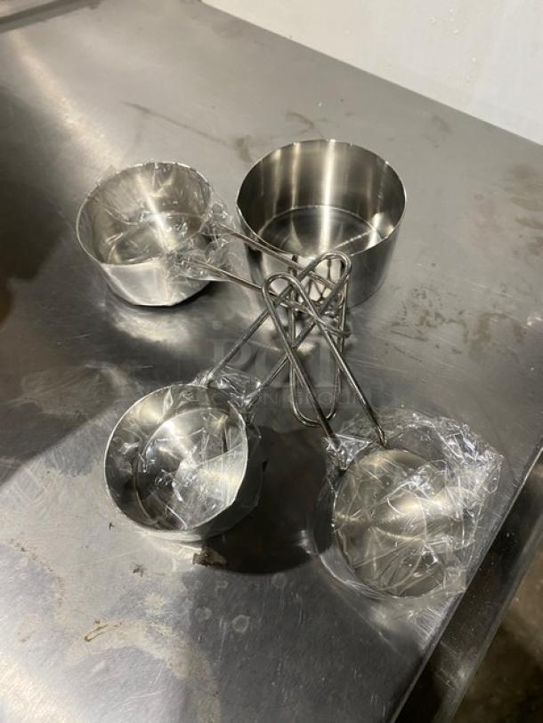 American Metalcraft MCW-4 stainless-steel measuring cup set, heavy-duty, commercial grade, wrapped handles, new condition.