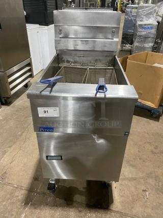 Pitco Commercial Stainless Steel Natural Gas Powered 65 Lb. Deep Fat Fryer! With Back Splash & Basket Hanger! With Fry Baskets! Model: SG18-S SN: G18ME088149! On Casters! - Item #1204346