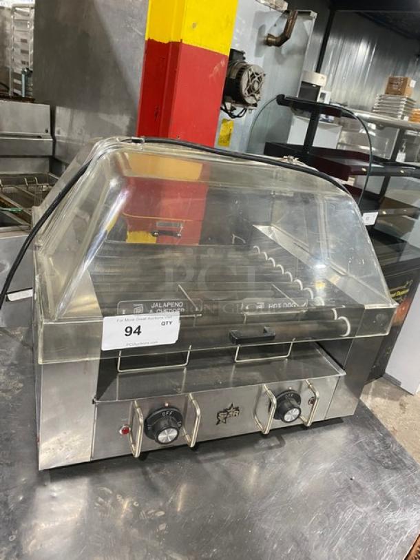 Star Model 258 stainless steel hot dog roller with clear cover, electric-powered, 120V, on legs, excellent condition.