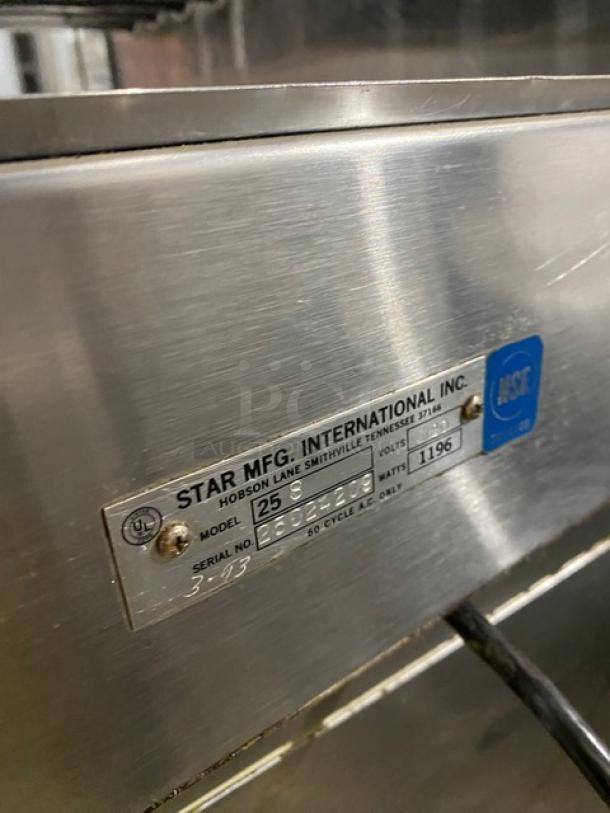 Star Commercial Stainless Steel Hot Dog Roller, Model 258, Serial Number 25024209, 120V, with clear cover and legs.