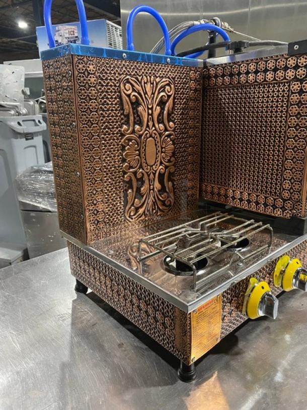 Bakasan copper electric Turkish samovar tea boiler, model BKSG200A1, 220V, ornate design, on legs, good condition.