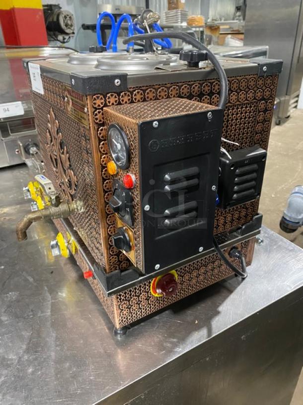 Bakasan commercial copper electric samovar, model BKS-G/200A1, 220V, heavy-duty, with decorative exterior and control panel.