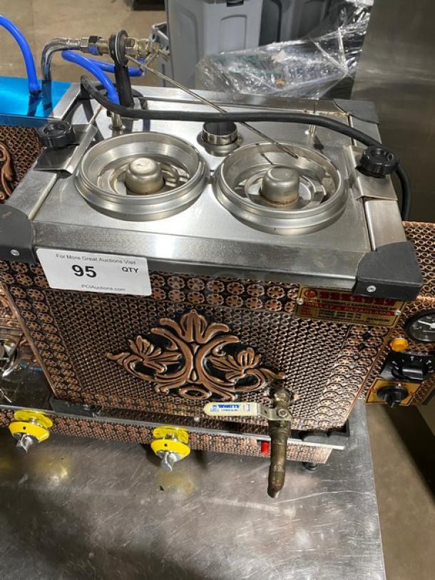 Bakasan Commercial Copper Electric Samovar, Model BKS-G/200A1, 220V, ornate design, two burners, with tap on legs.