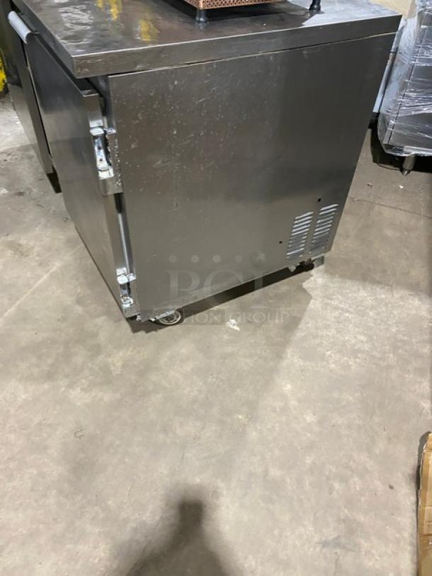 Leader ESLB60SC stainless steel 2-door lowboy/undercounter refrigerator on casters, 115V, 1 phase, commercial use.