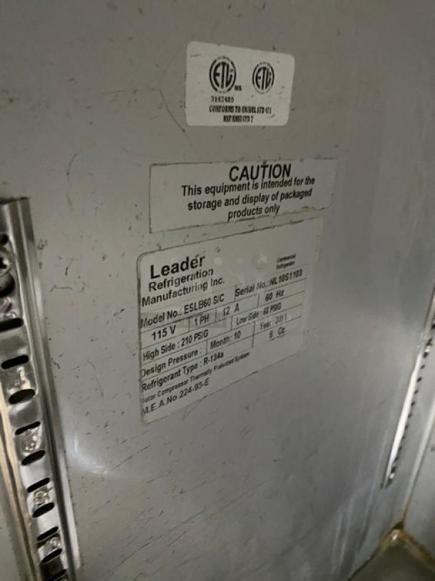 Leader Commercial Stainless Steel 2 Door Under-counter Refrigerator, Model ESLB60SC, 115V, on casters, shown with labels.