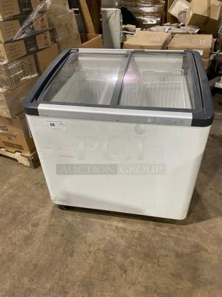Liebherr Commercial White Curved Top Ice Cream/Frozen Yogurt Display Chest Freezer! With Double Top Sliding Glass Doors! With Poly Coated Wire Baskets! Model: EFI2053 SN: 0910782-10! 115V! On Casters! - Item #1204356