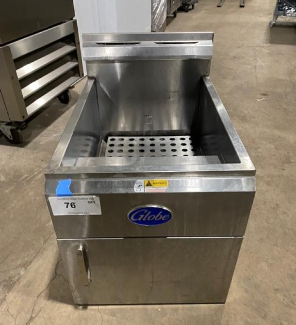 Globe commercial stainless steel natural gas countertop deep fryer, with backsplash and basket hanger, in good condition.