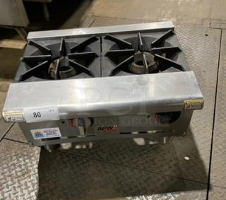 APW Wyott Workline Series stainless steel 2-burner hot plate, model GHPW2i, on legs. Natural gas, commercial use.