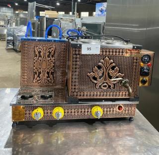 Bakasan BKS-G/200A1 copper electric samovar, heavy-duty, 220V, with ornate design, on legs. Model: BKSG200A1, SN: 20561.