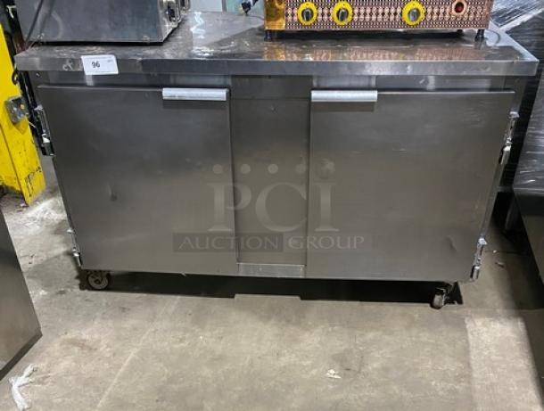 Leader ESLB60SC Stainless Steel 2 Door Lowboy Refrigerator on Casters, model ESLB60SC, 115V, 1 Phase, SN: NL10S1103.