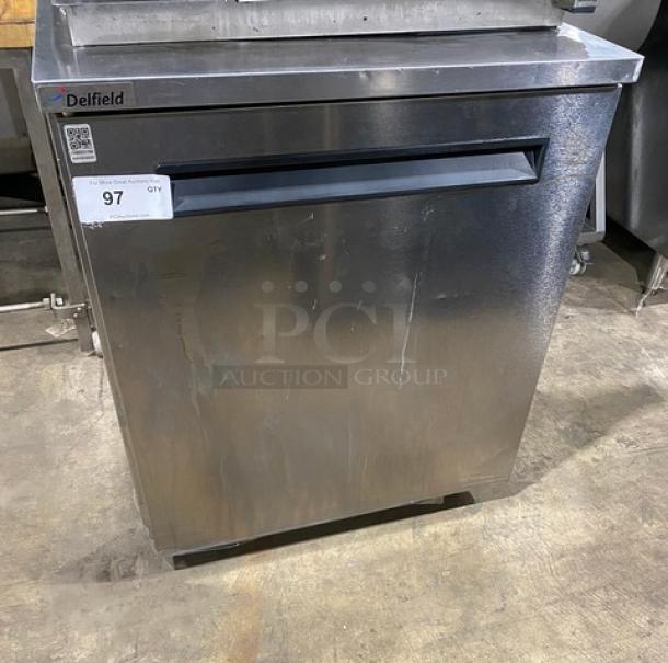 Delfield 406P-STAR2 stainless steel undercounter refrigerator with poly-coated wire rack, 115V, single door, on casters.