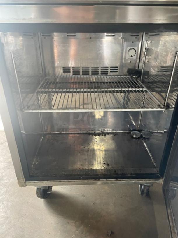 Master-Bilt Fusion Series stainless steel undercounter refrigerator, Model UR27, Energy Star, poly coated wire rack, on casters.