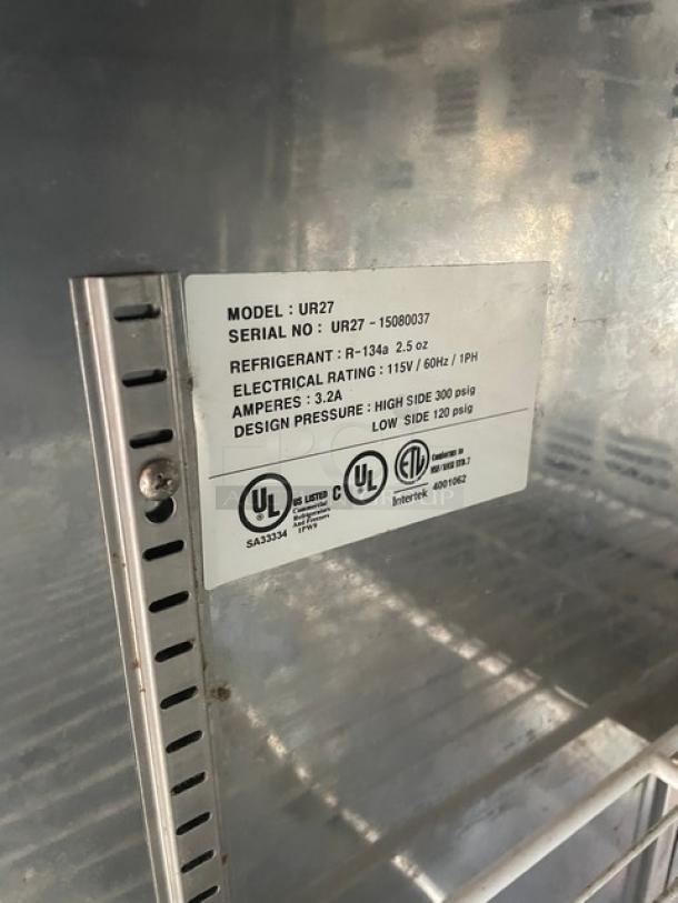 Master-Bilt Fusion Series UR27 stainless steel single door undercounter refrigerator, Energy Star certified, with rack and casters.